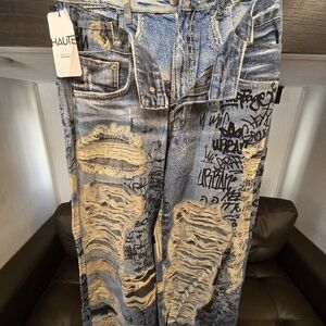 Haute Printed On To Look Like Ripped Distressed Blue Graffiti Men's Jeans